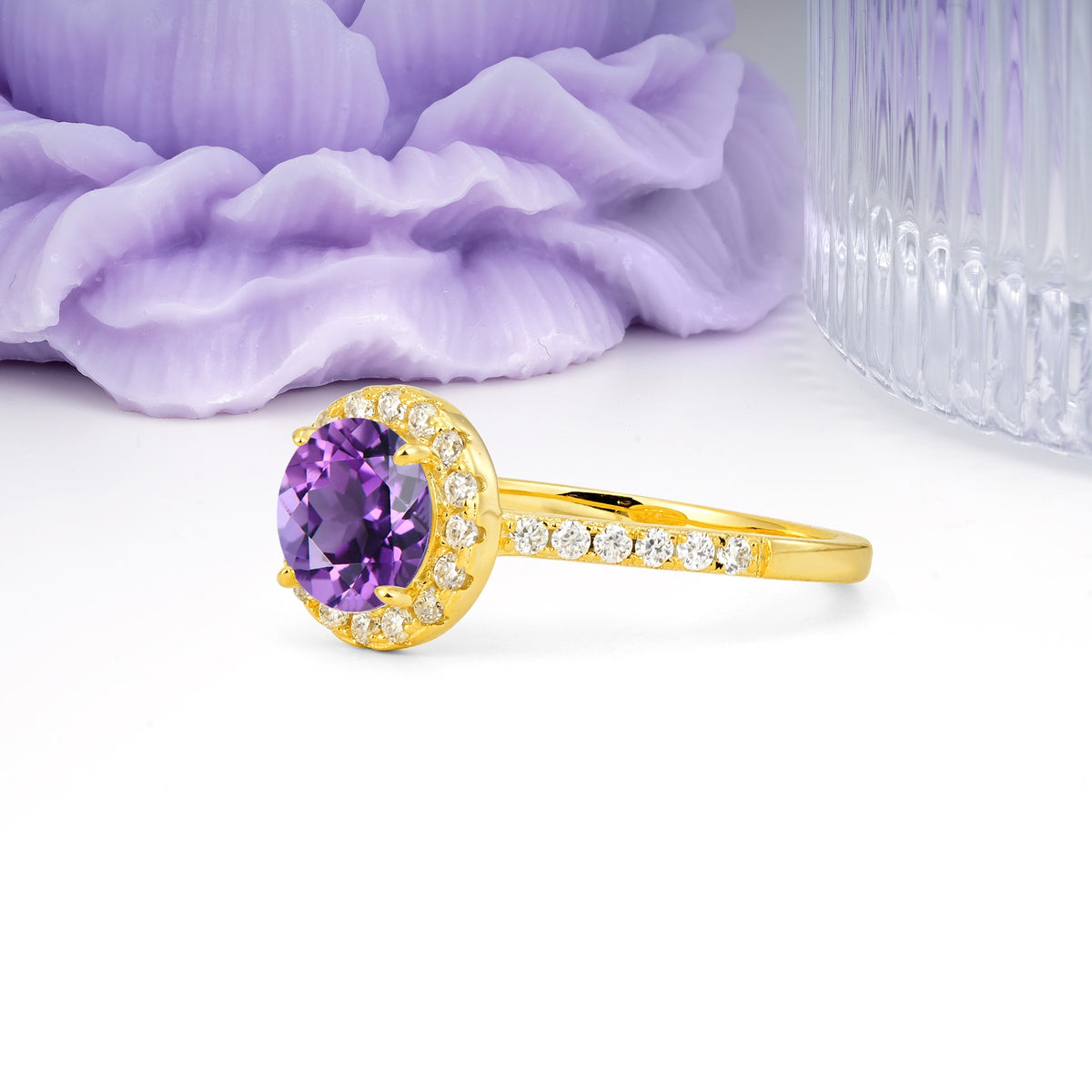 Luxurious Classic Pavé-Set, 4-Prong Round Cut Amethyst Engagement Ring - Additional view