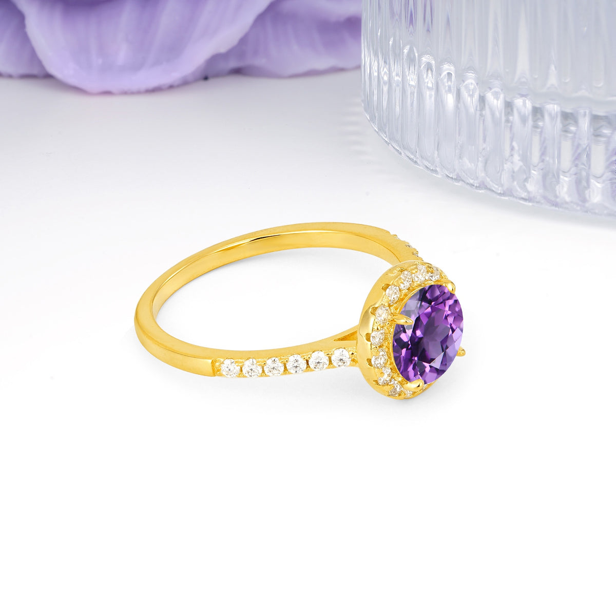 Luxurious Classic Pavé-Set, 4-Prong Round Cut Amethyst Engagement Ring - Additional view