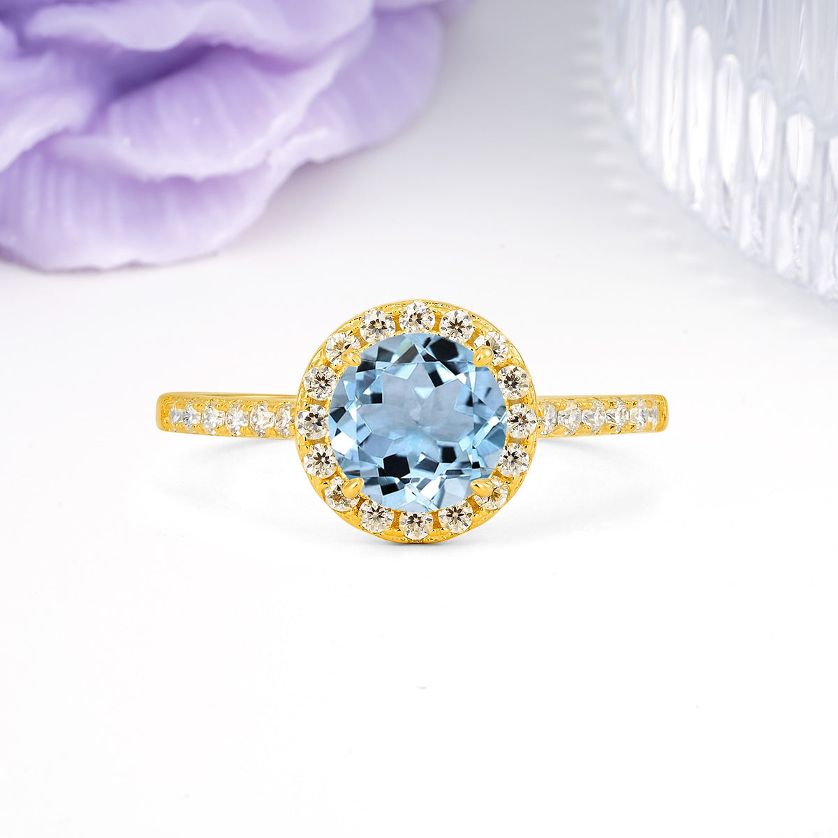 Luxurious Classic Pavé-Set, 4-Prong Round Cut Aquamarine Engagement Ring - Additional view
