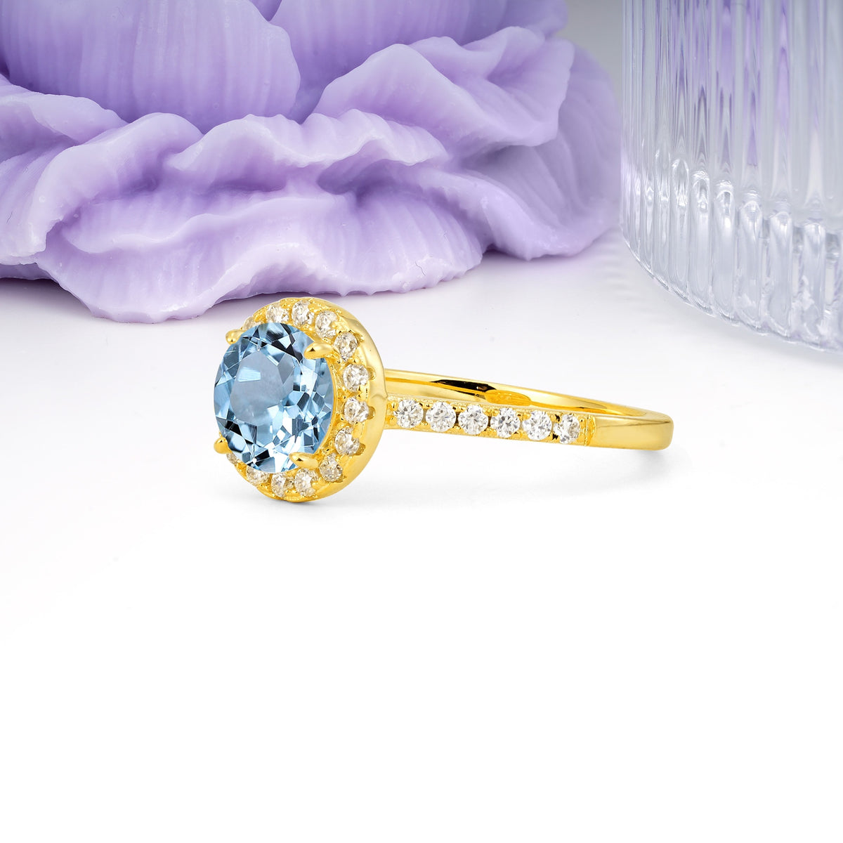 Luxurious Classic Pavé-Set, 4-Prong Round Cut Aquamarine Engagement Ring - Additional view
