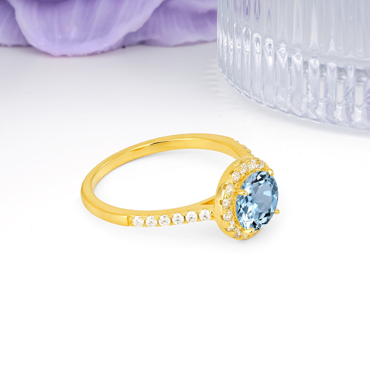 Luxurious Classic Pavé-Set, 4-Prong Round Cut Aquamarine Engagement Ring - Additional view