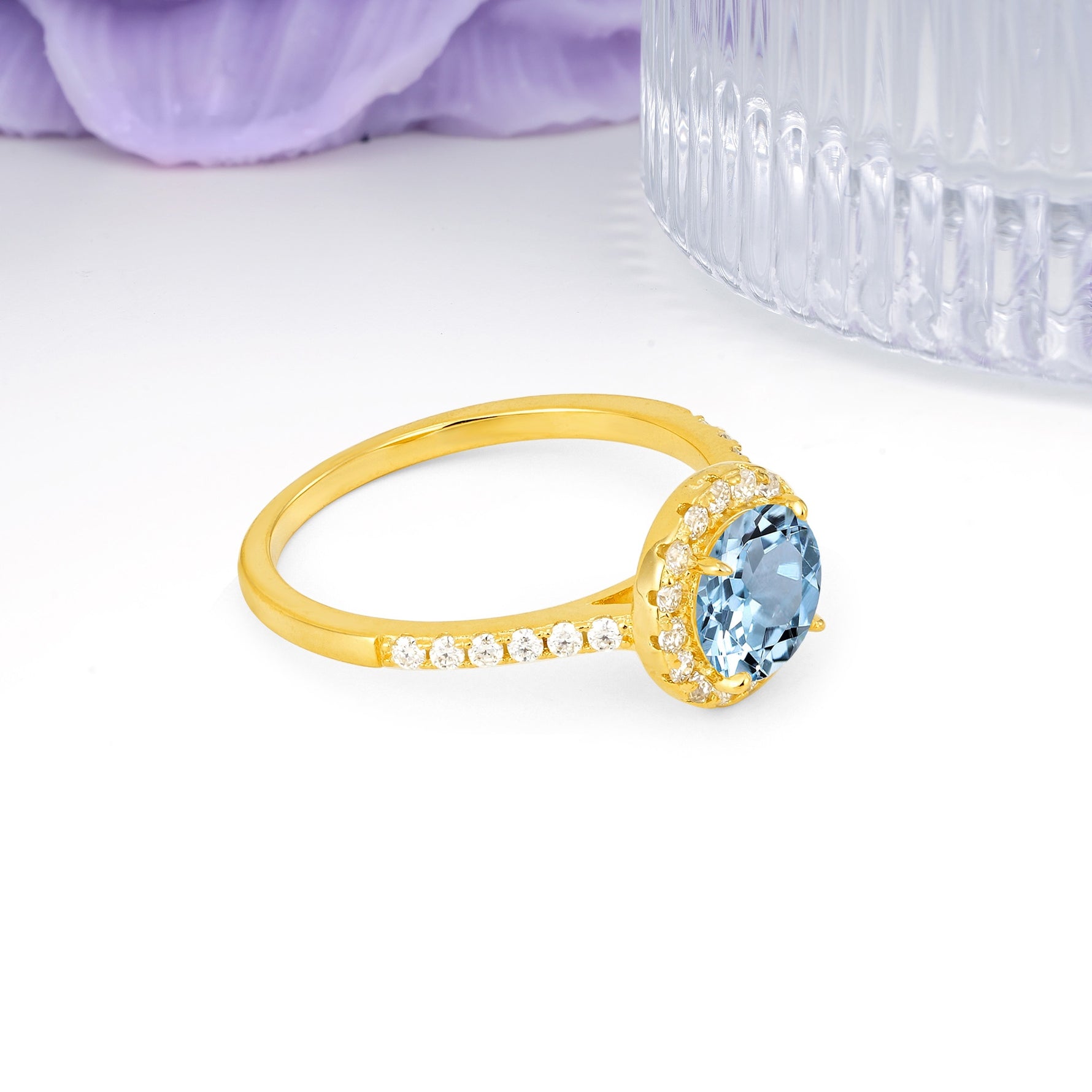 Luxurious Classic Pavé-Set, 4-Prong Round Cut Aquamarine Engagement Ring - Additional view