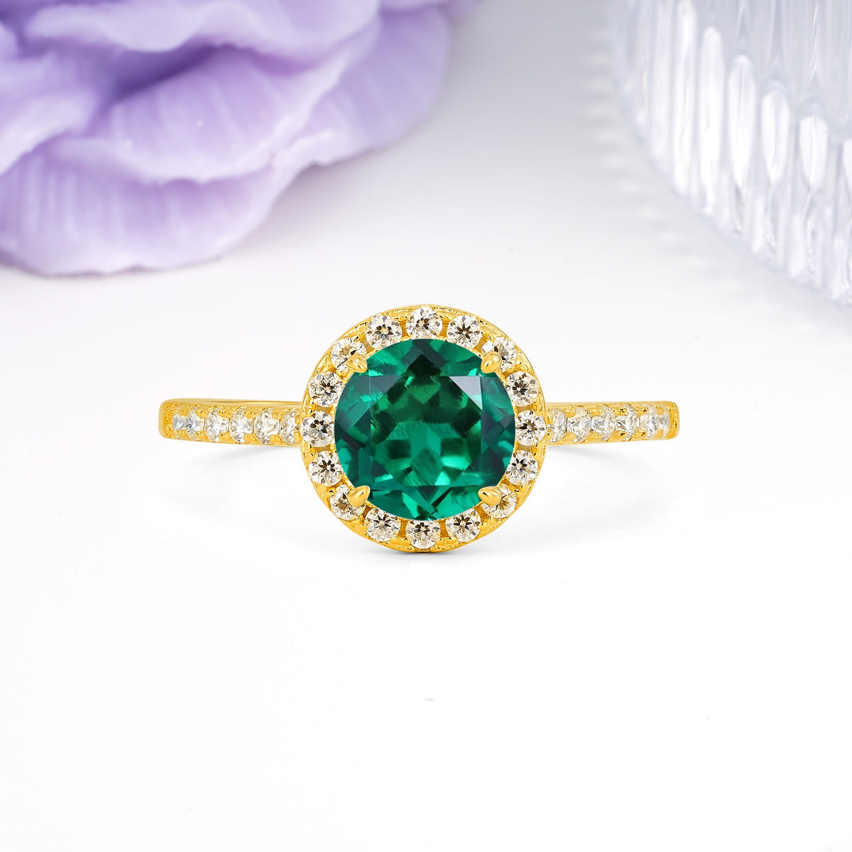 Luxurious Classic Pavé-Set, 4-Prong Round Cut Emerald Engagement Ring - Additional view