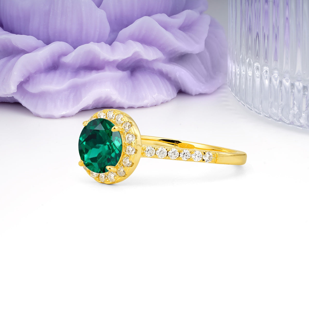 Luxurious Classic Pavé-Set, 4-Prong Round Cut Emerald Engagement Ring - Additional view