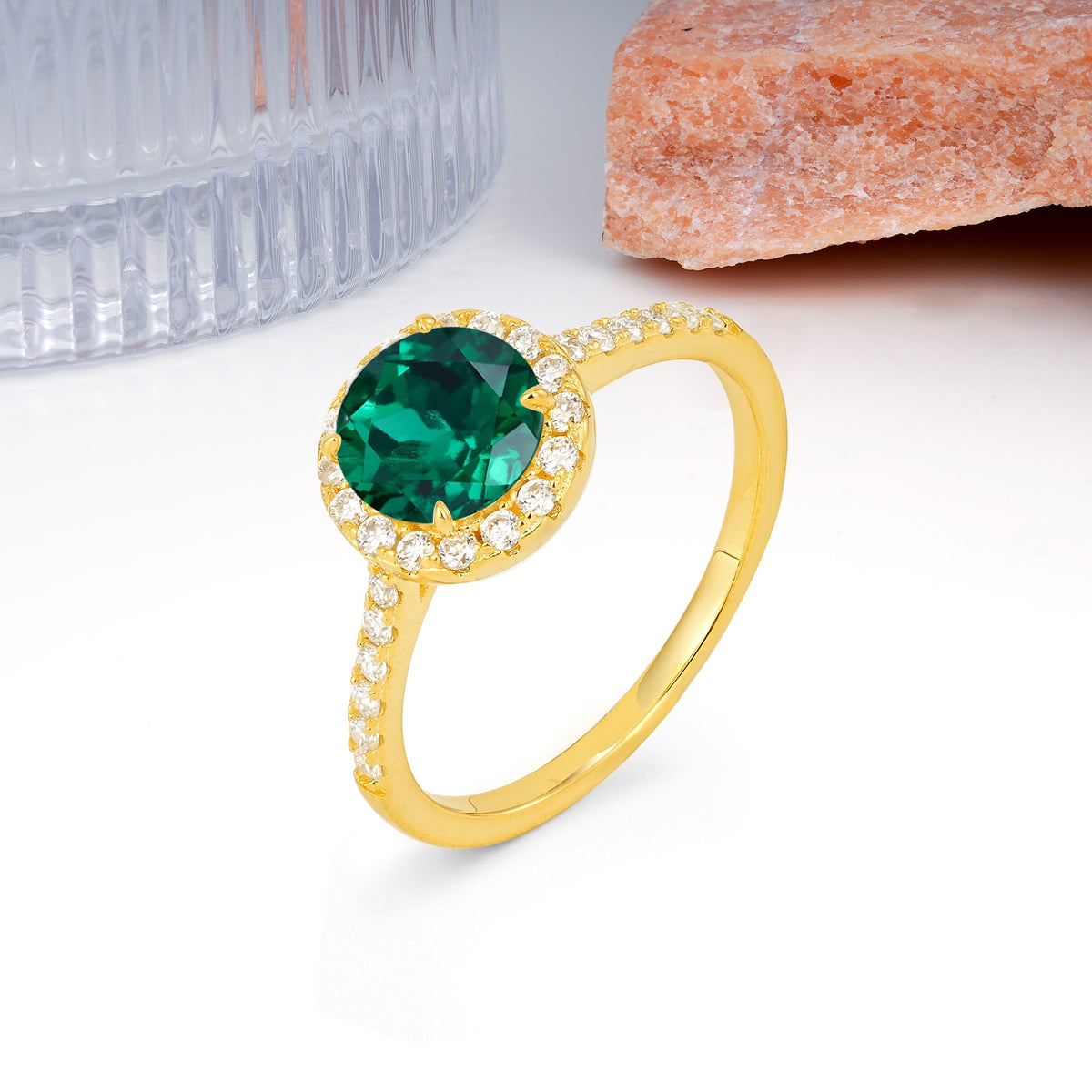 Luxurious Classic Pavé-Set, 4-Prong Round Cut Emerald Engagement Ring - Additional view