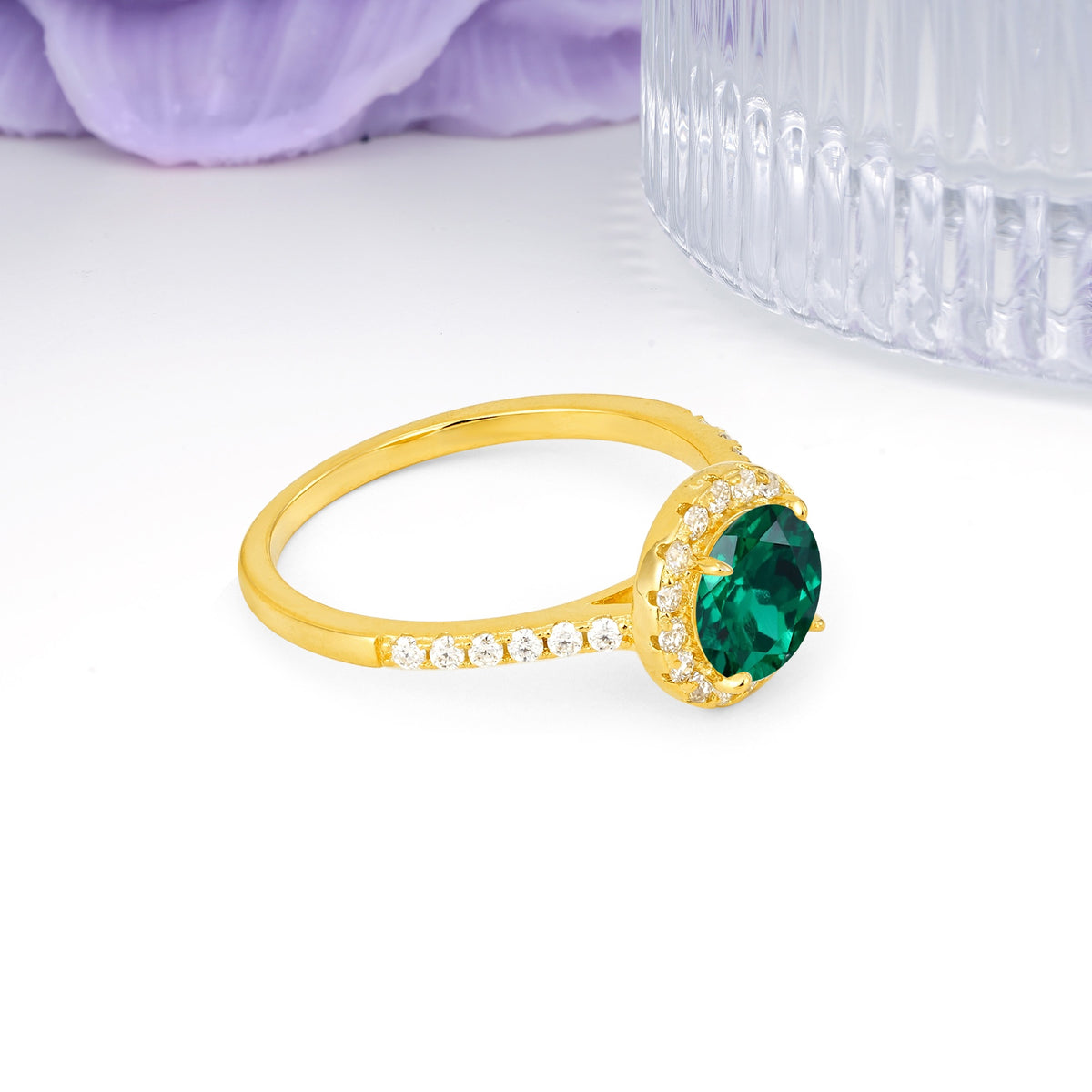 Luxurious Classic Pavé-Set, 4-Prong Round Cut Emerald Engagement Ring - Additional view
