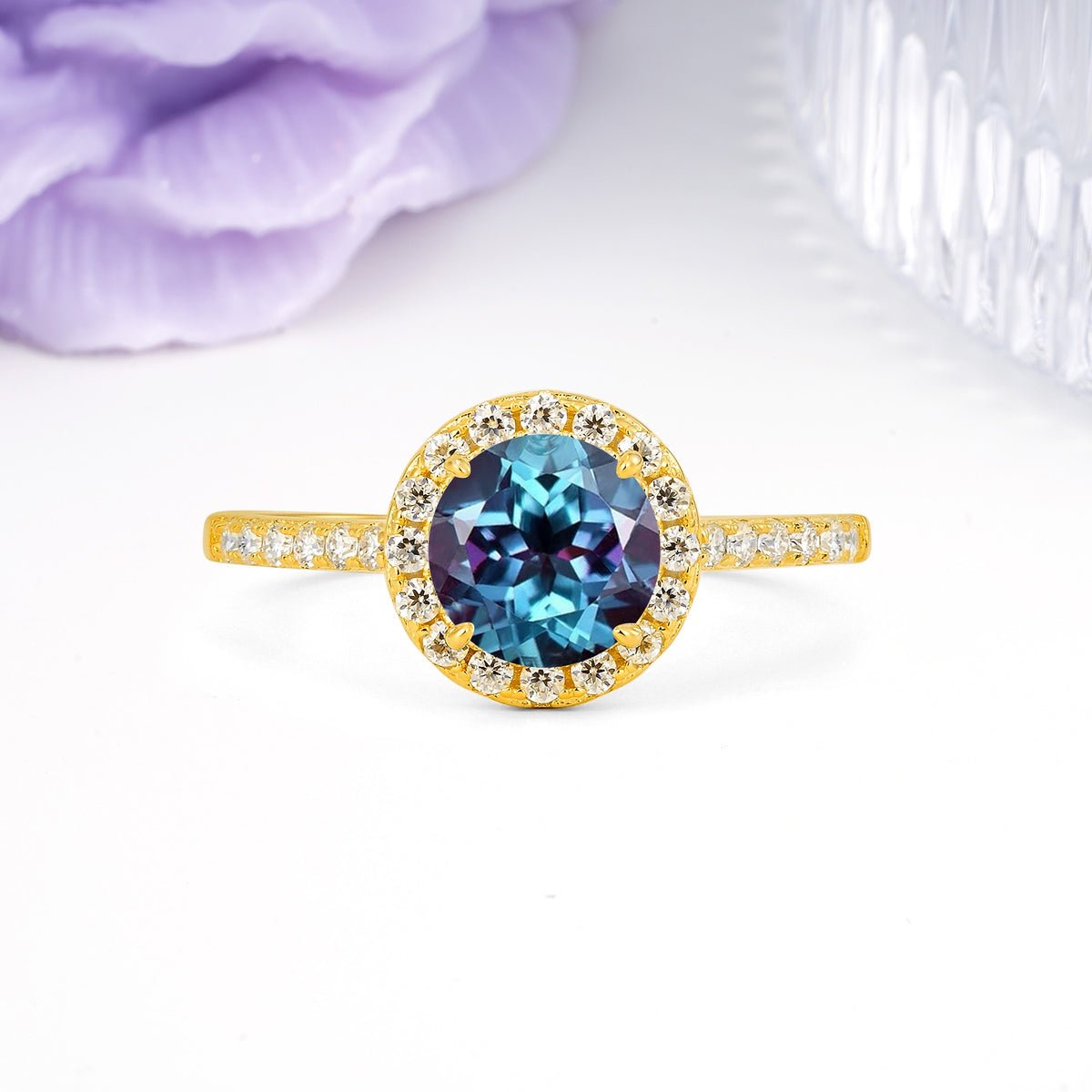 Luxurious Classic Pavé-Set, 4-Prong Round Cut Alexandrite Engagement Ring - Additional view