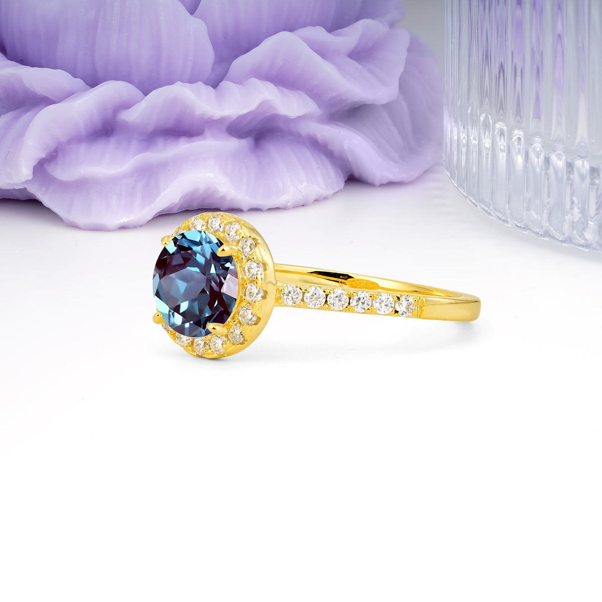 Luxurious Classic Pavé-Set, 4-Prong Round Cut Alexandrite Engagement Ring - Additional view