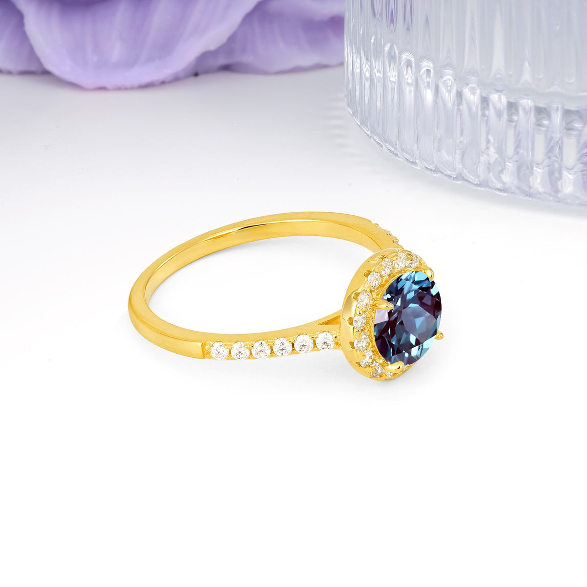 Luxurious Classic Pavé-Set, 4-Prong Round Cut Alexandrite Engagement Ring - Additional view