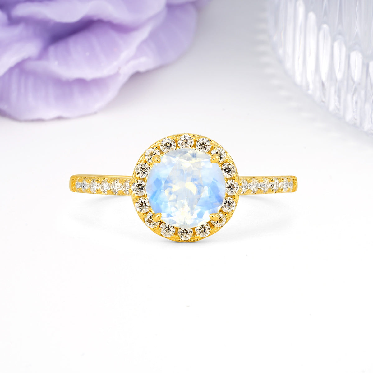Luxurious Classic Pavé-Set, 4-Prong Round Cut Moonstone Engagement Ring - Additional view