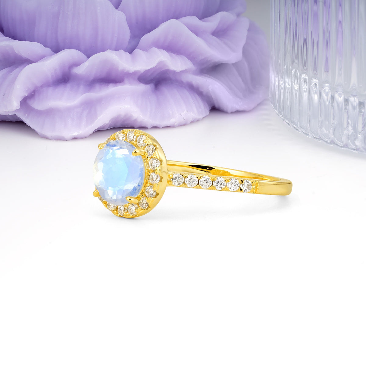 Luxurious Classic Pavé-Set, 4-Prong Round Cut Moonstone Engagement Ring - Additional view