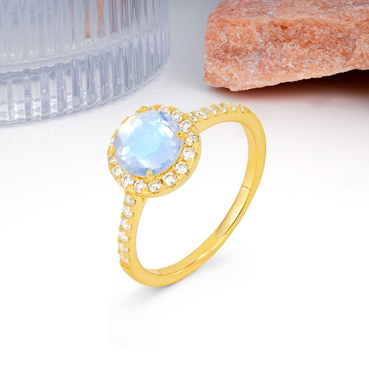 Luxurious Classic Pavé-Set, 4-Prong Round Cut Moonstone Engagement Ring - Additional view
