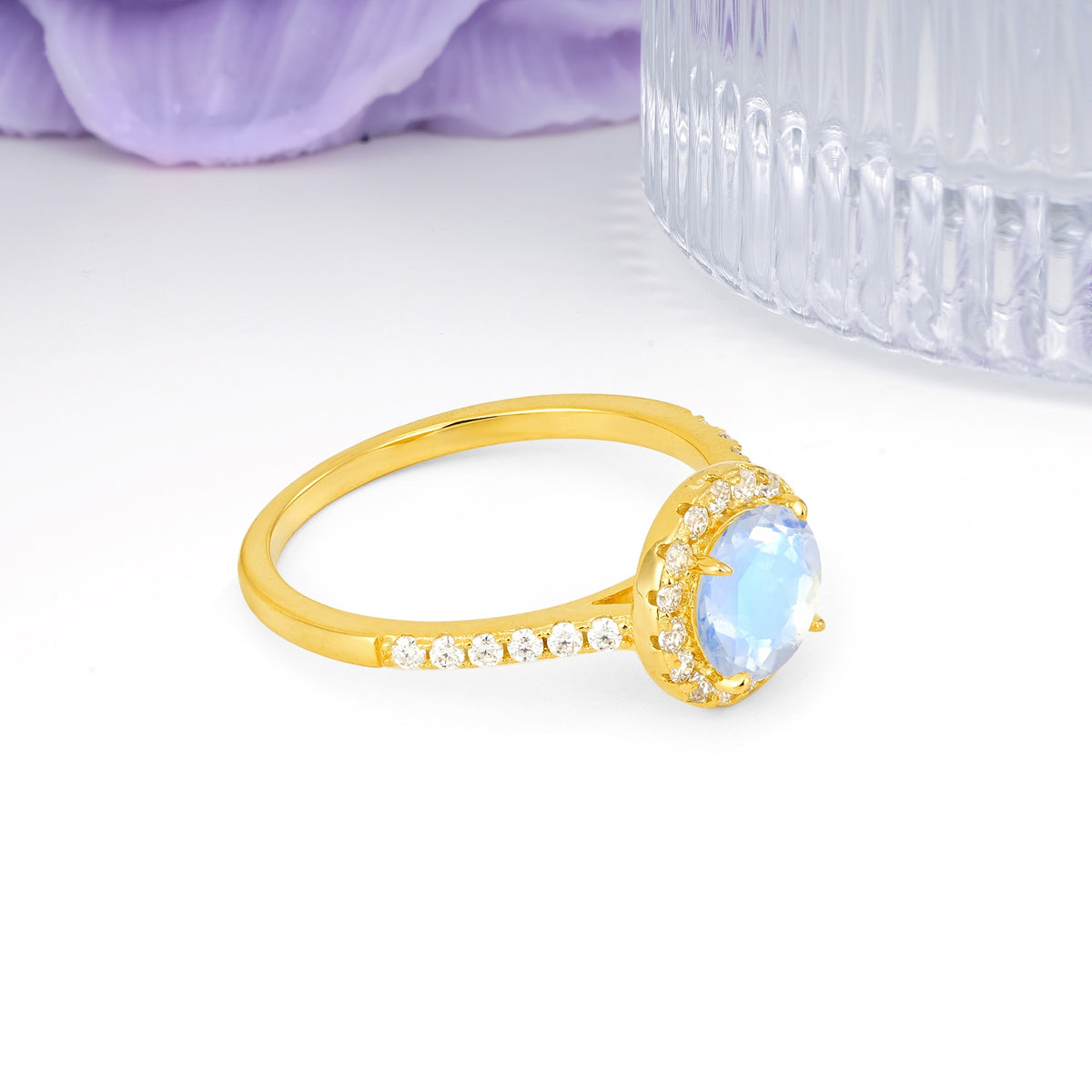 Luxurious Classic Pavé-Set, 4-Prong Round Cut Moonstone Engagement Ring - Additional view