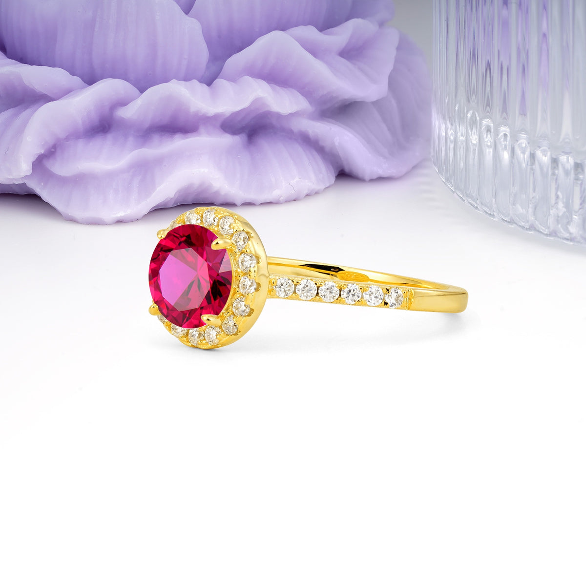 Luxurious Classic Pavé-Set, 4-Prong Round Cut Ruby Engagement Ring - Additional view