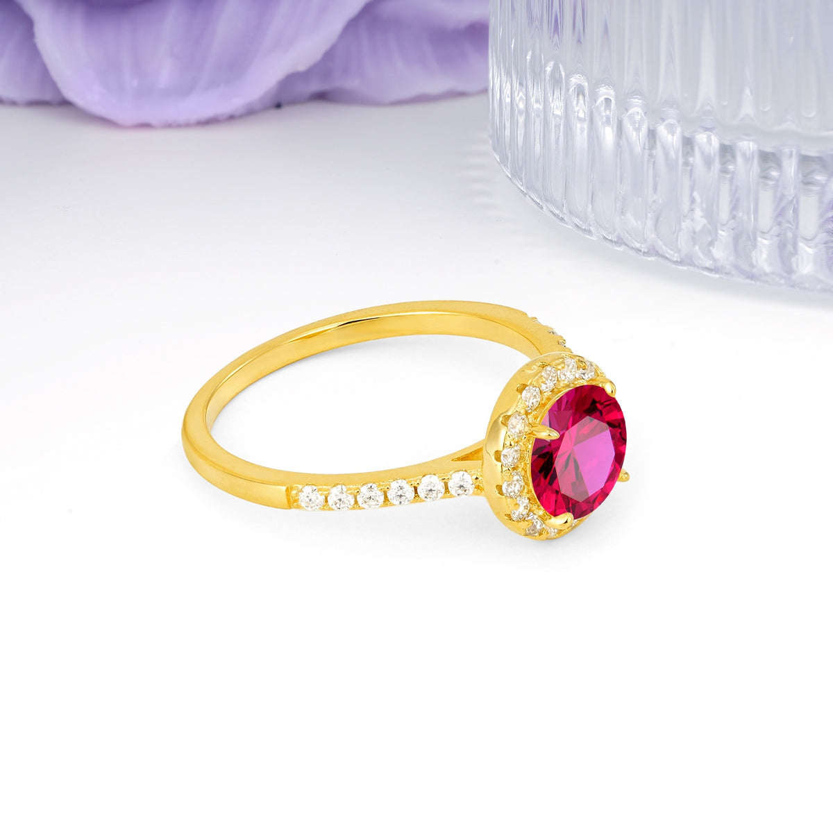 Luxurious Classic Pavé-Set, 4-Prong Round Cut Ruby Engagement Ring - Additional view