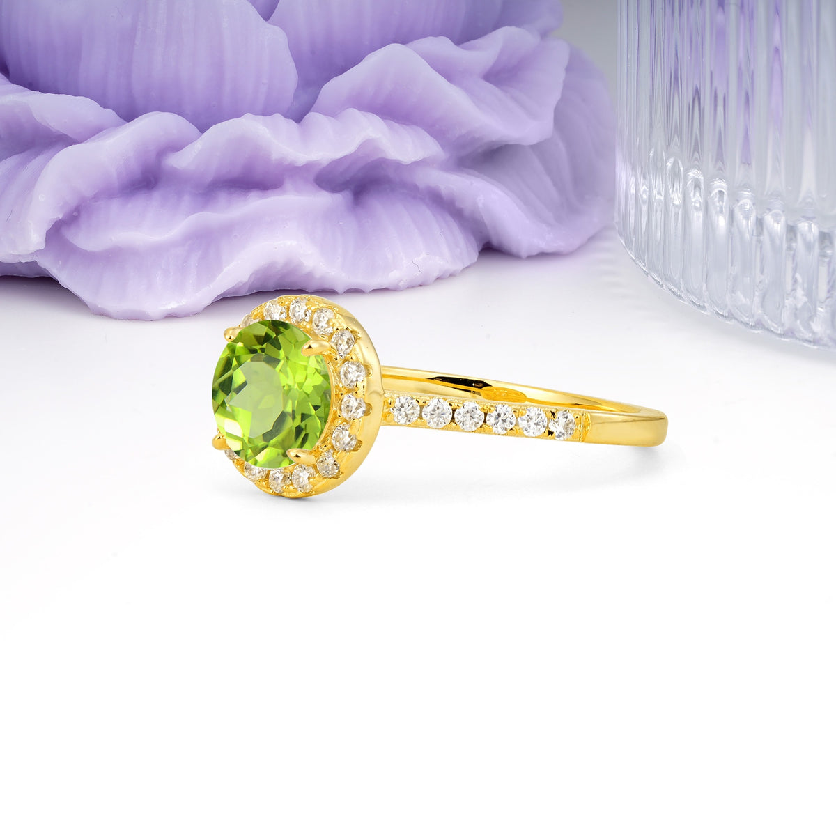 Luxurious Classic Pavé-Set, 4-Prong Round Cut Peridot Engagement Ring - Additional view