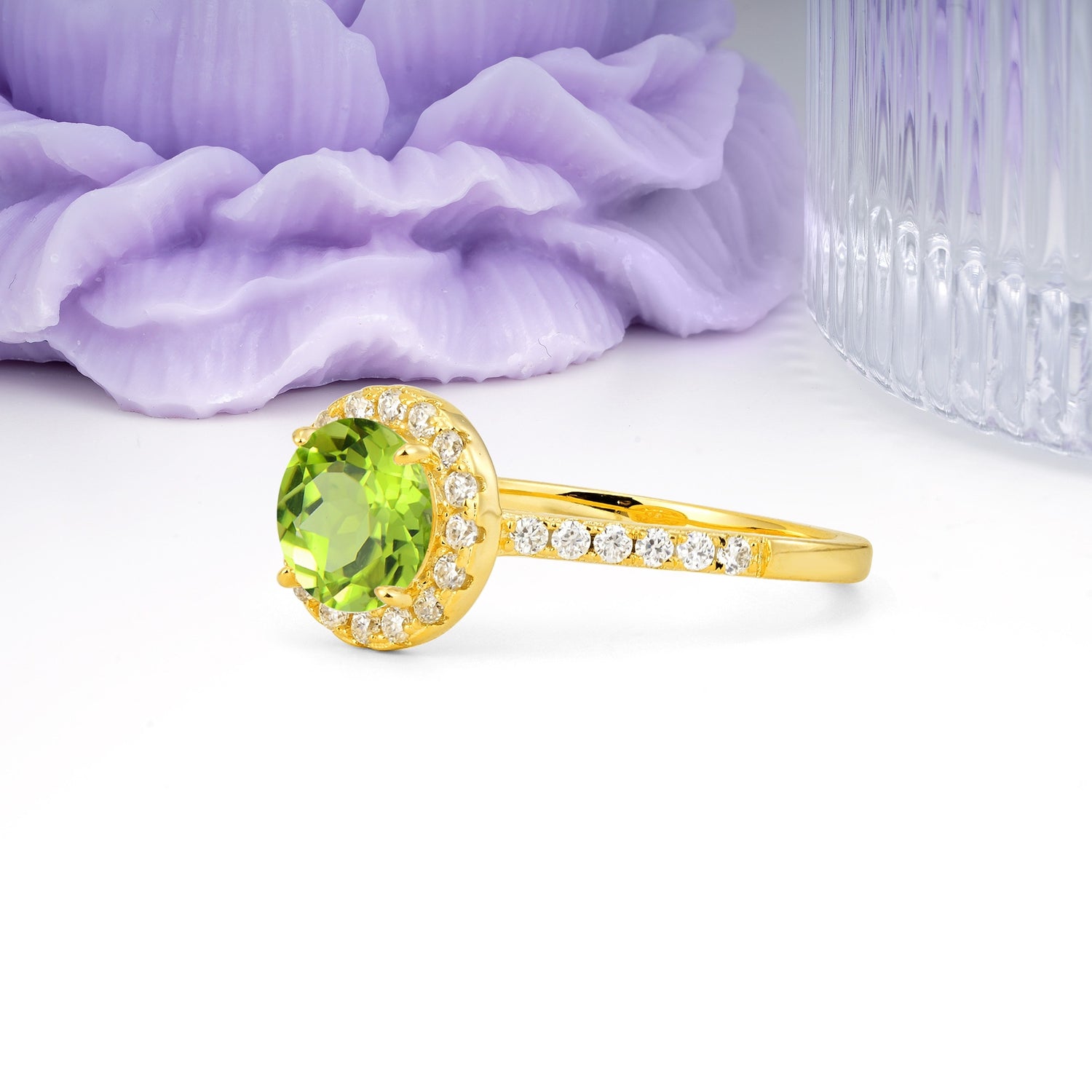 Luxurious Classic Pavé-Set, 4-Prong Round Cut Peridot Engagement Ring - Additional view