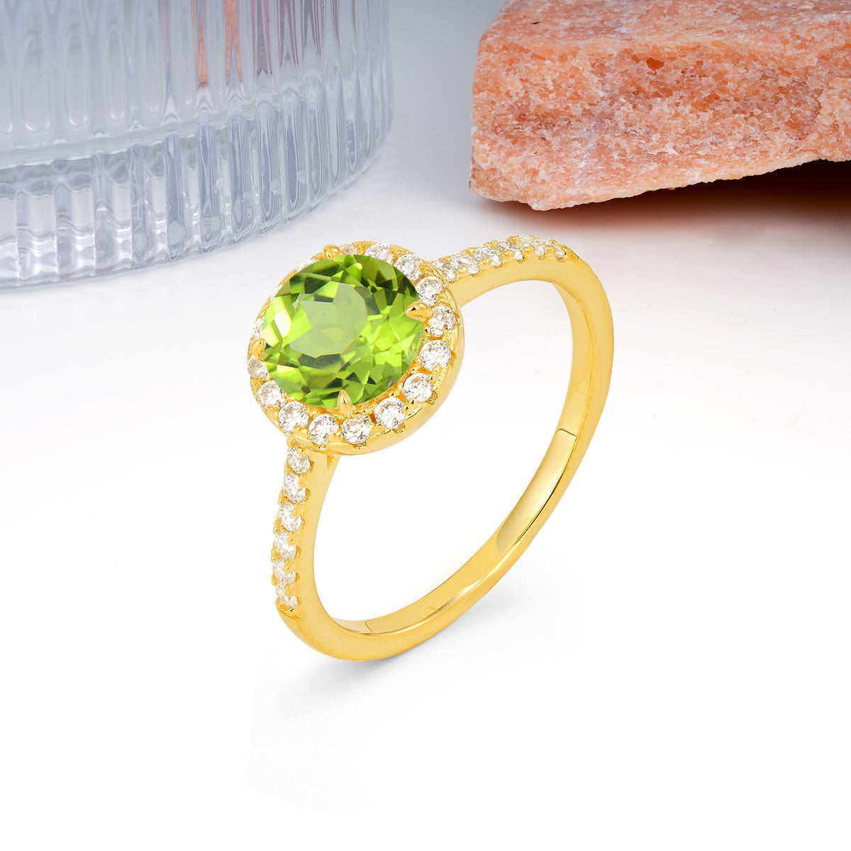 Luxurious Classic Pavé-Set, 4-Prong Round Cut Peridot Engagement Ring - Additional view