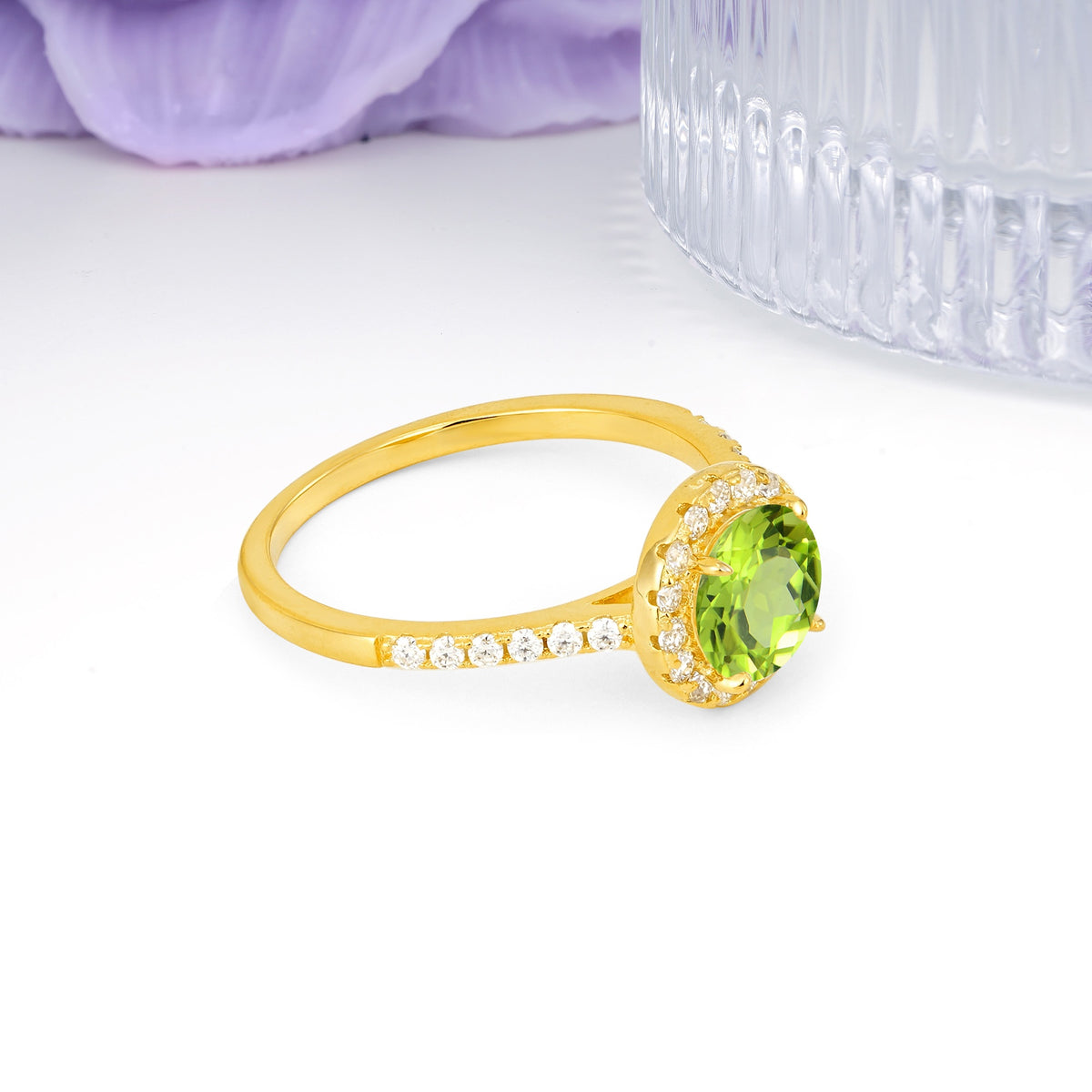 Luxurious Classic Pavé-Set, 4-Prong Round Cut Peridot Engagement Ring - Additional view