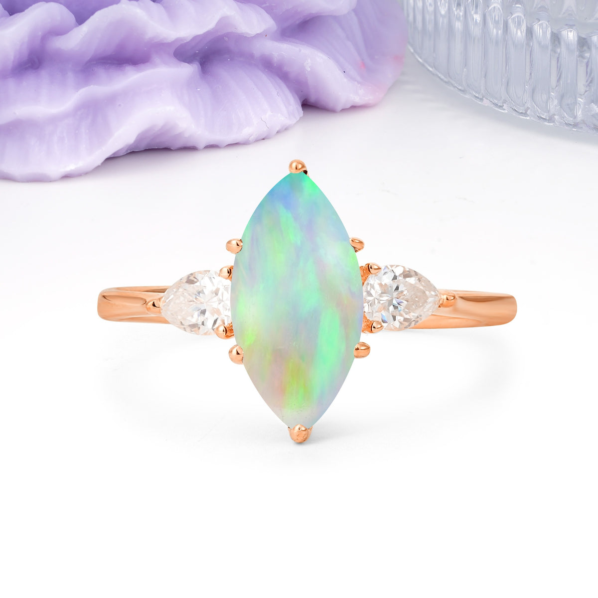 Classic, Minimalist 6-Prong Marquise Cut Fire Opal Engagement Ring - Additional view