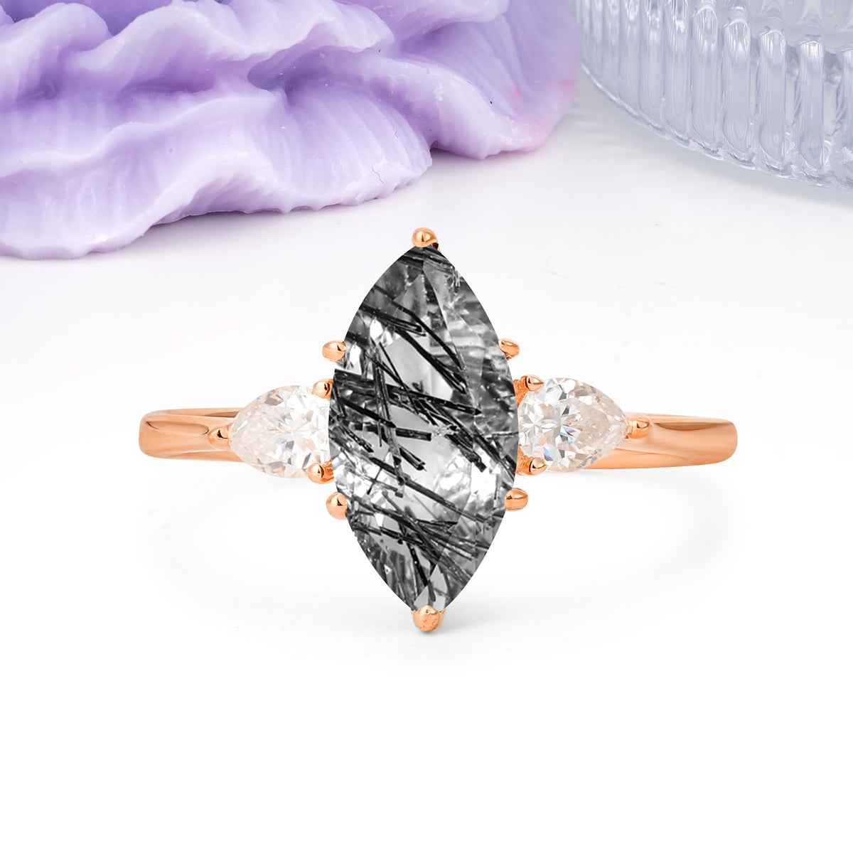 Classic, Minimalist 6-Prong Marquise Cut Black Rutilated Quartz Engagement Ring - Additional view
