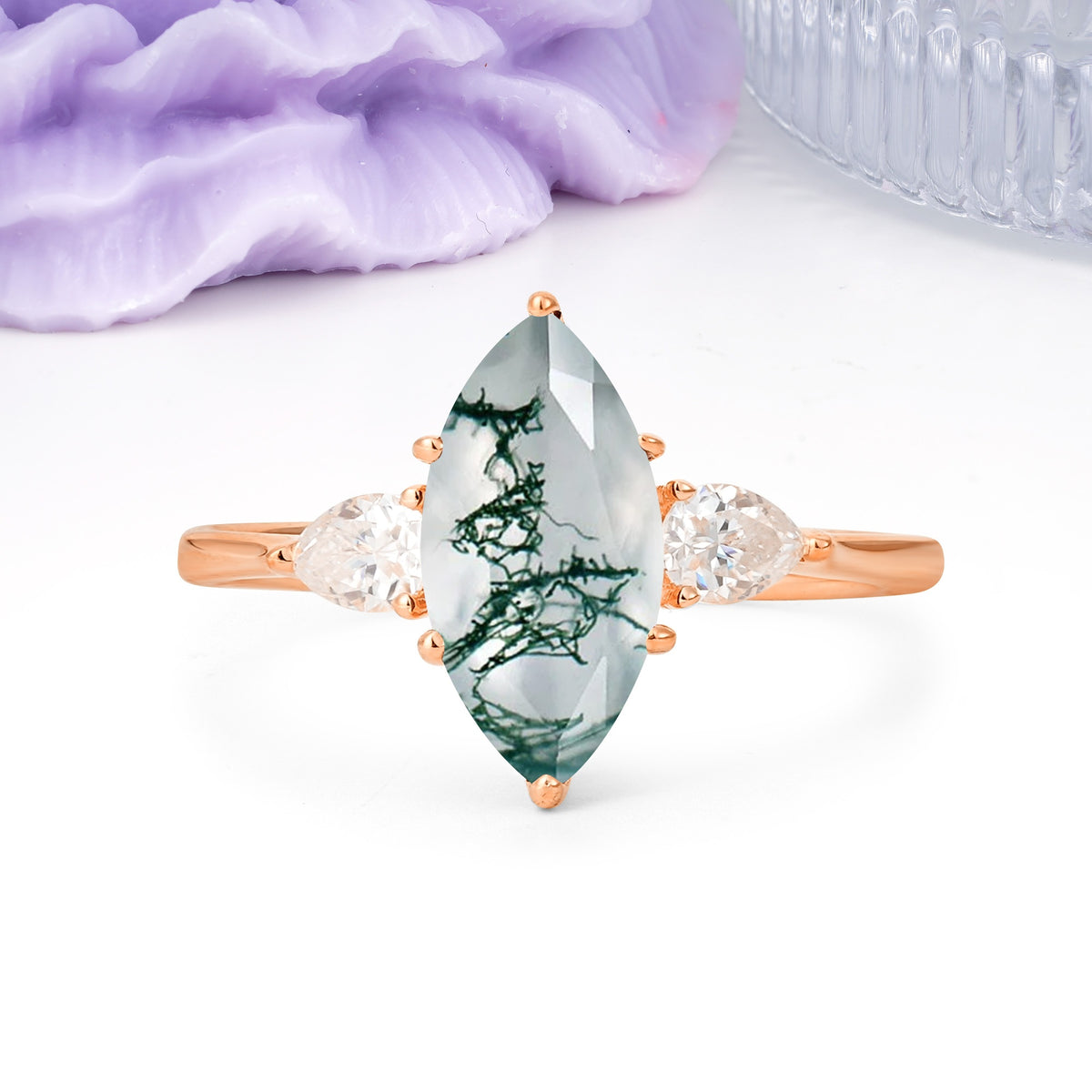Classic, Minimalist 6-Prong Marquise Cut Moss Agate Engagement Ring - Additional view