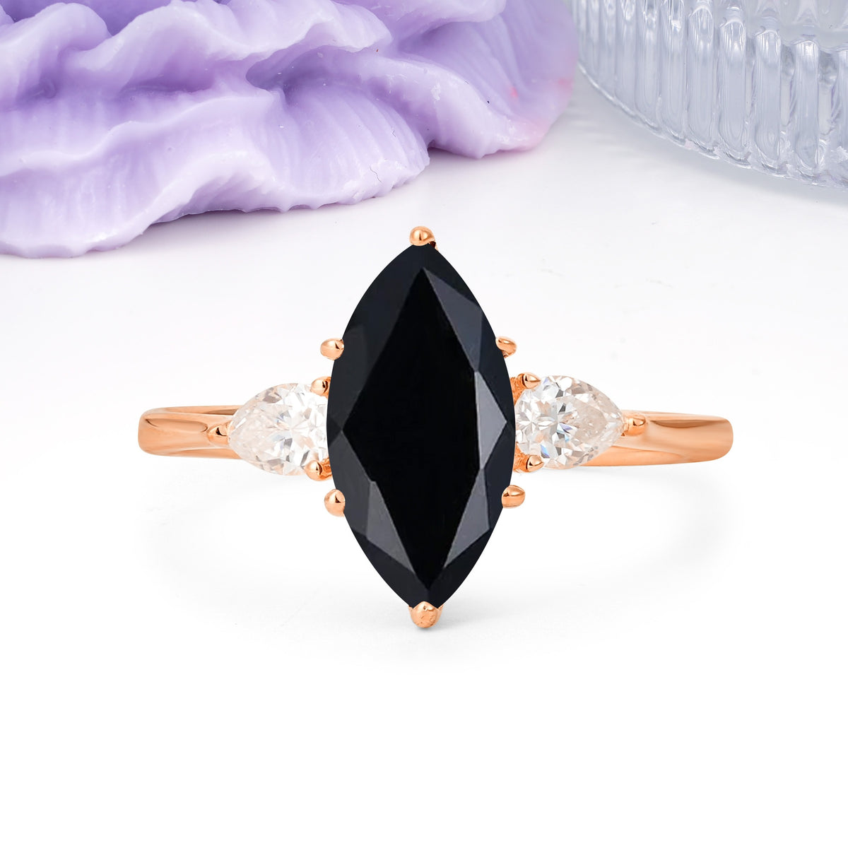Classic, Minimalist 6-Prong Marquise Cut Black Onyx Engagement Ring - Additional view