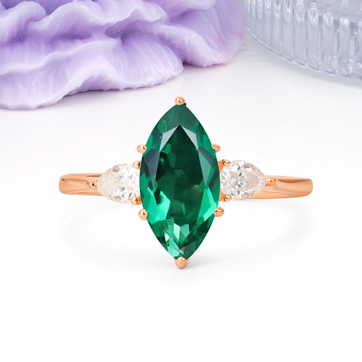 Classic, Minimalist 6-Prong Marquise Cut Emerald Engagement Ring - Additional view