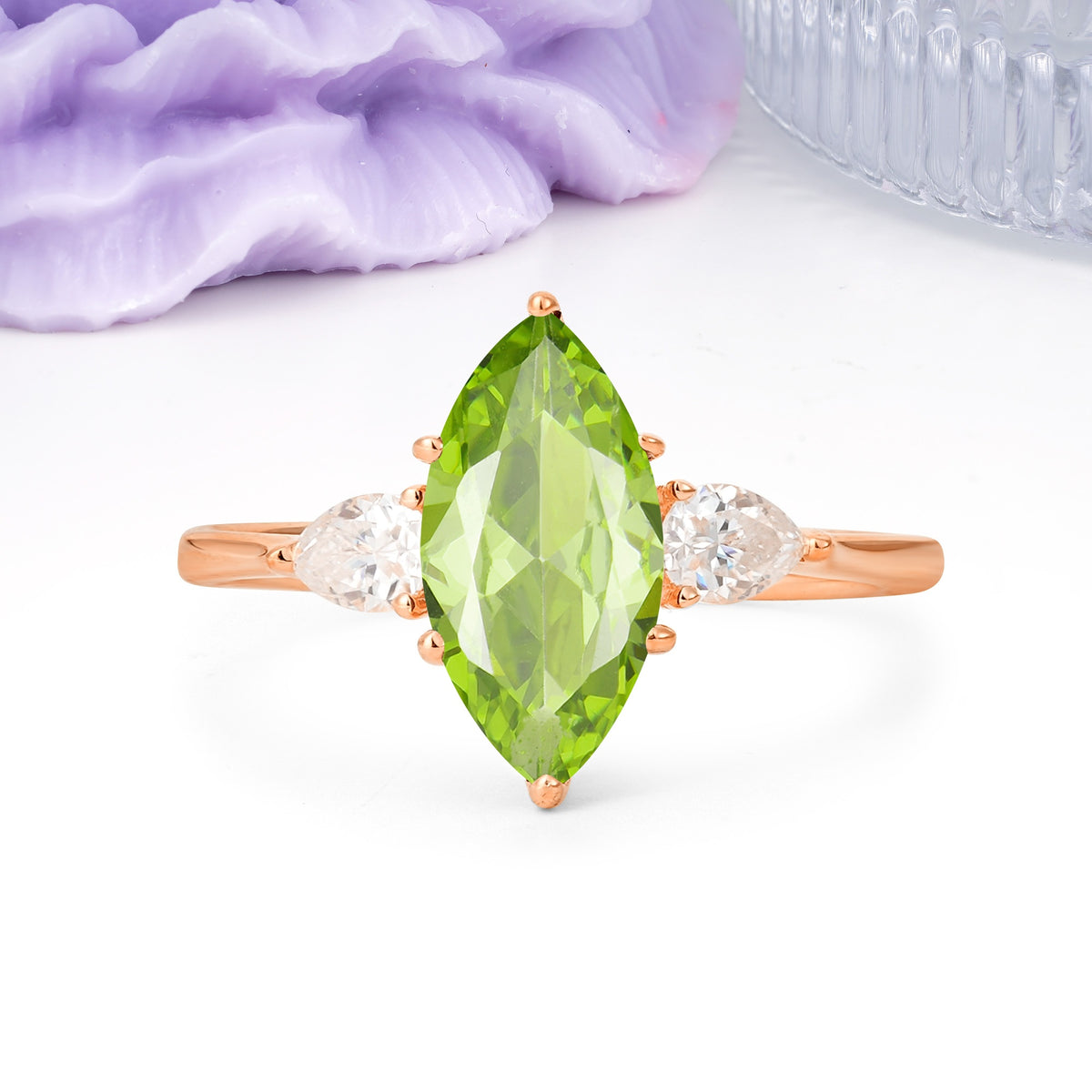 Classic, Minimalist 6-Prong Marquise Cut Peridot Engagement Ring - Additional view