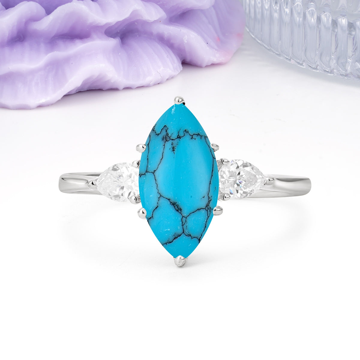 Classic, Minimalist 6-Prong Marquise Cut Turquoise Engagement Ring - Additional view