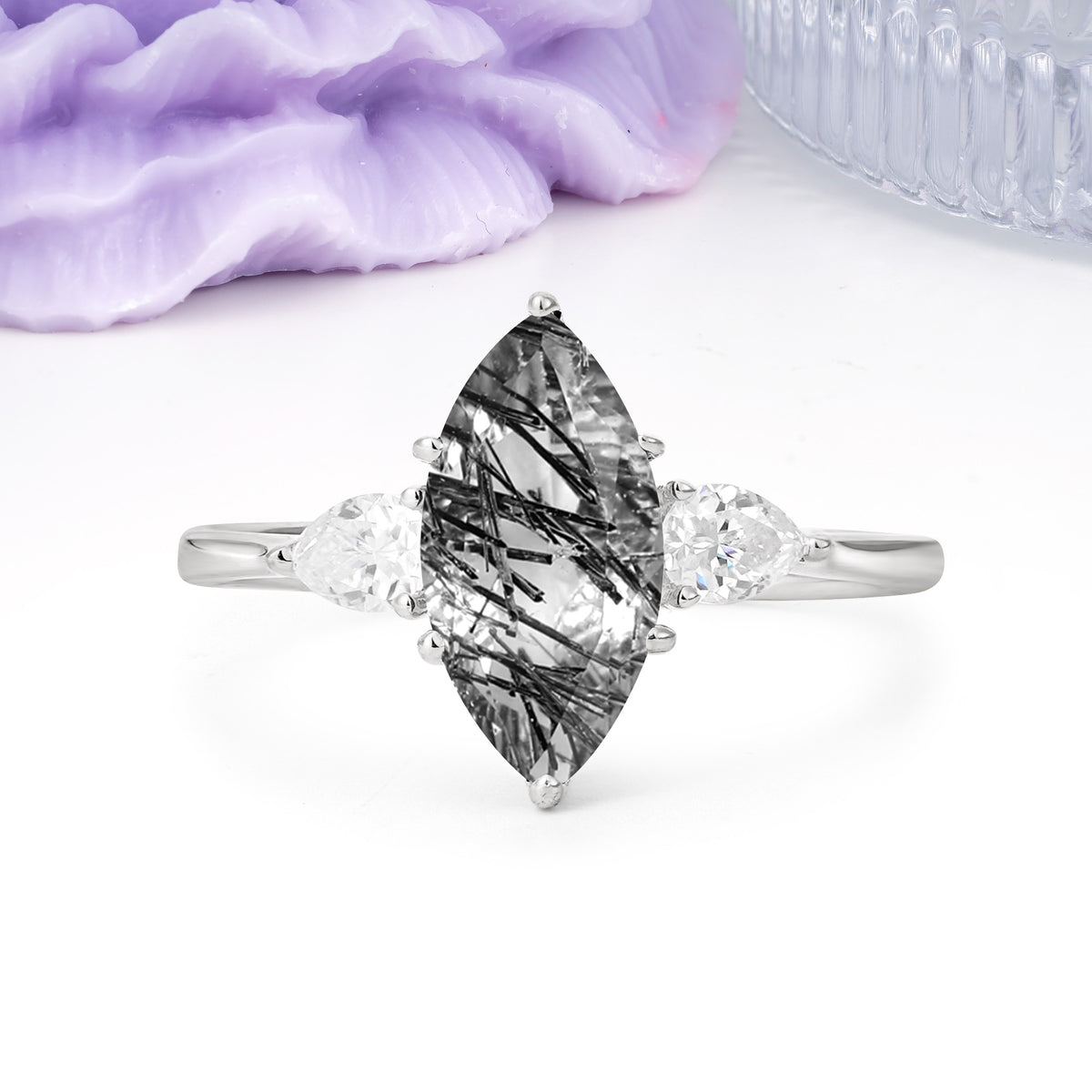Classic, Minimalist 6-Prong Marquise Cut Black Rutilated Quartz Engagement Ring - Additional view