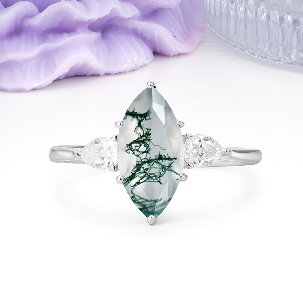 Classic, Minimalist 6-Prong Marquise Cut Moss Agate Engagement Ring - Additional view