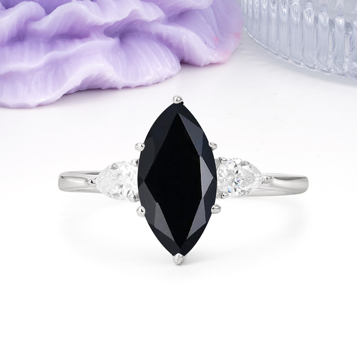 Classic, Minimalist 6-Prong Marquise Cut Black Onyx Engagement Ring - Additional view