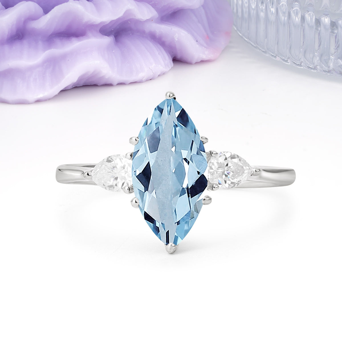 Classic, Minimalist 6-Prong Marquise Cut Aquamarine Engagement Ring - Additional view