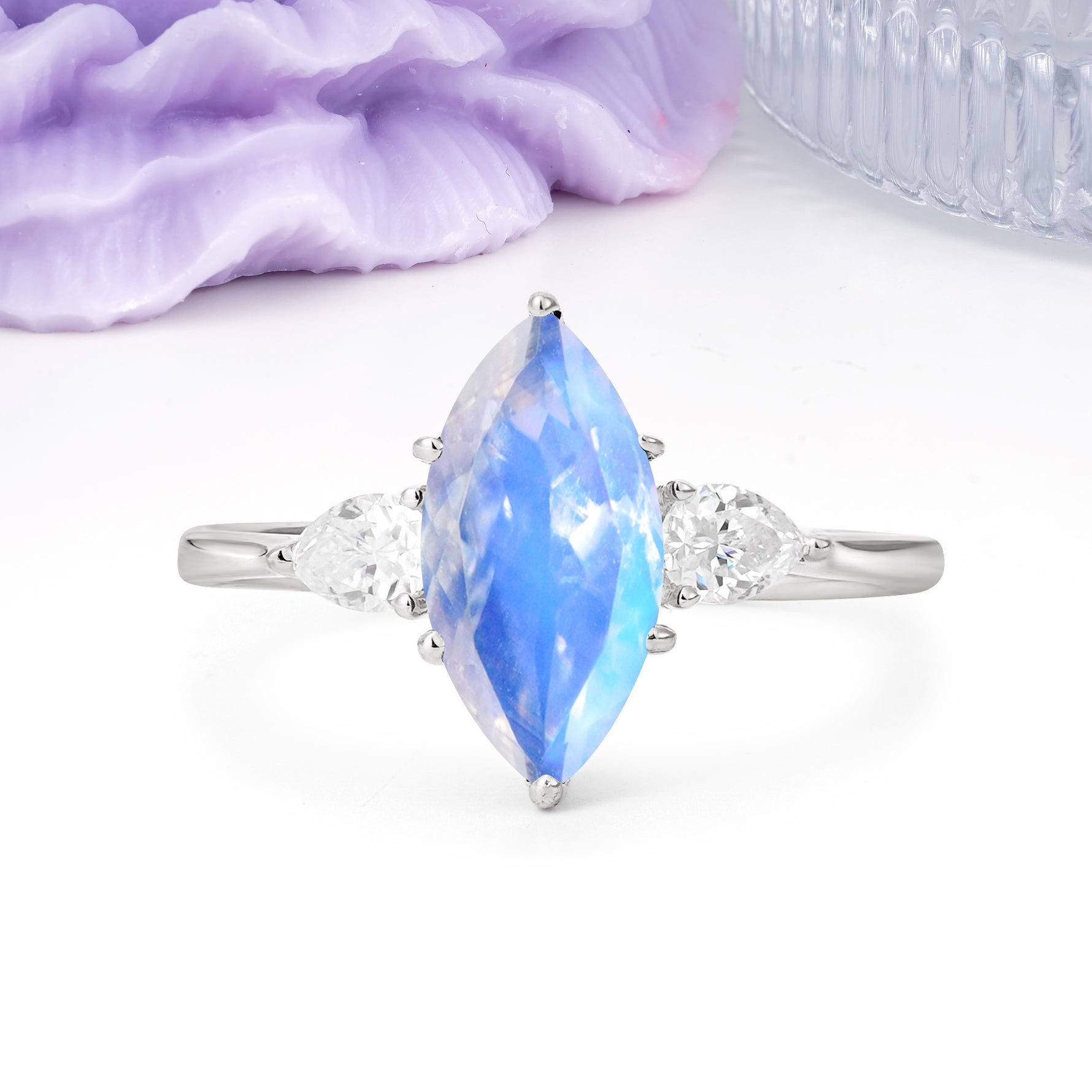 Classic, Minimalist 6-Prong Marquise Cut Moonstone Engagement Ring - Additional view
