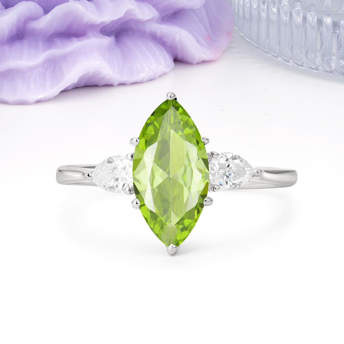 Classic, Minimalist 6-Prong Marquise Cut Peridot Engagement Ring - Additional view