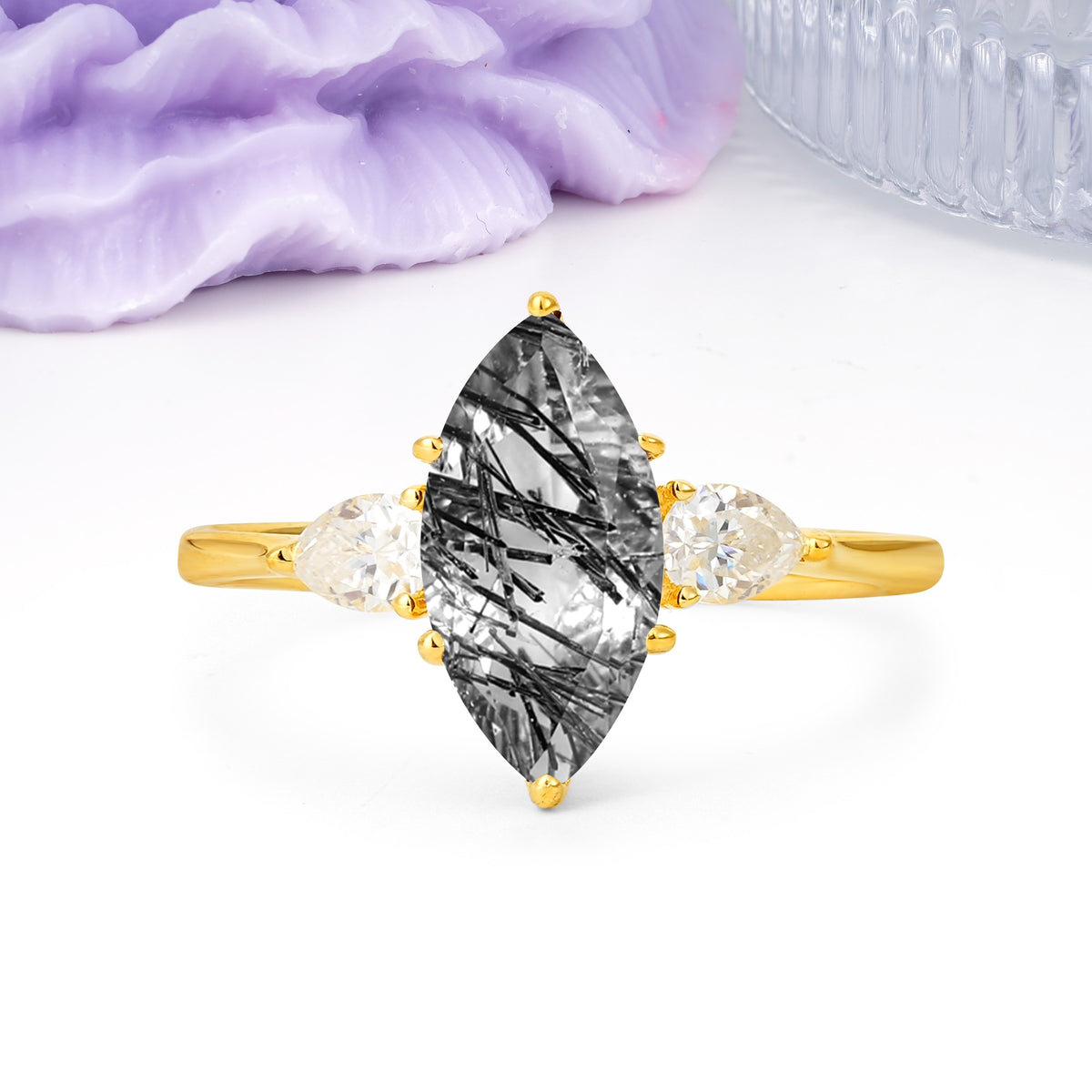 Classic, Minimalist 6-Prong Marquise Cut Black Rutilated Quartz Engagement Ring - Additional view