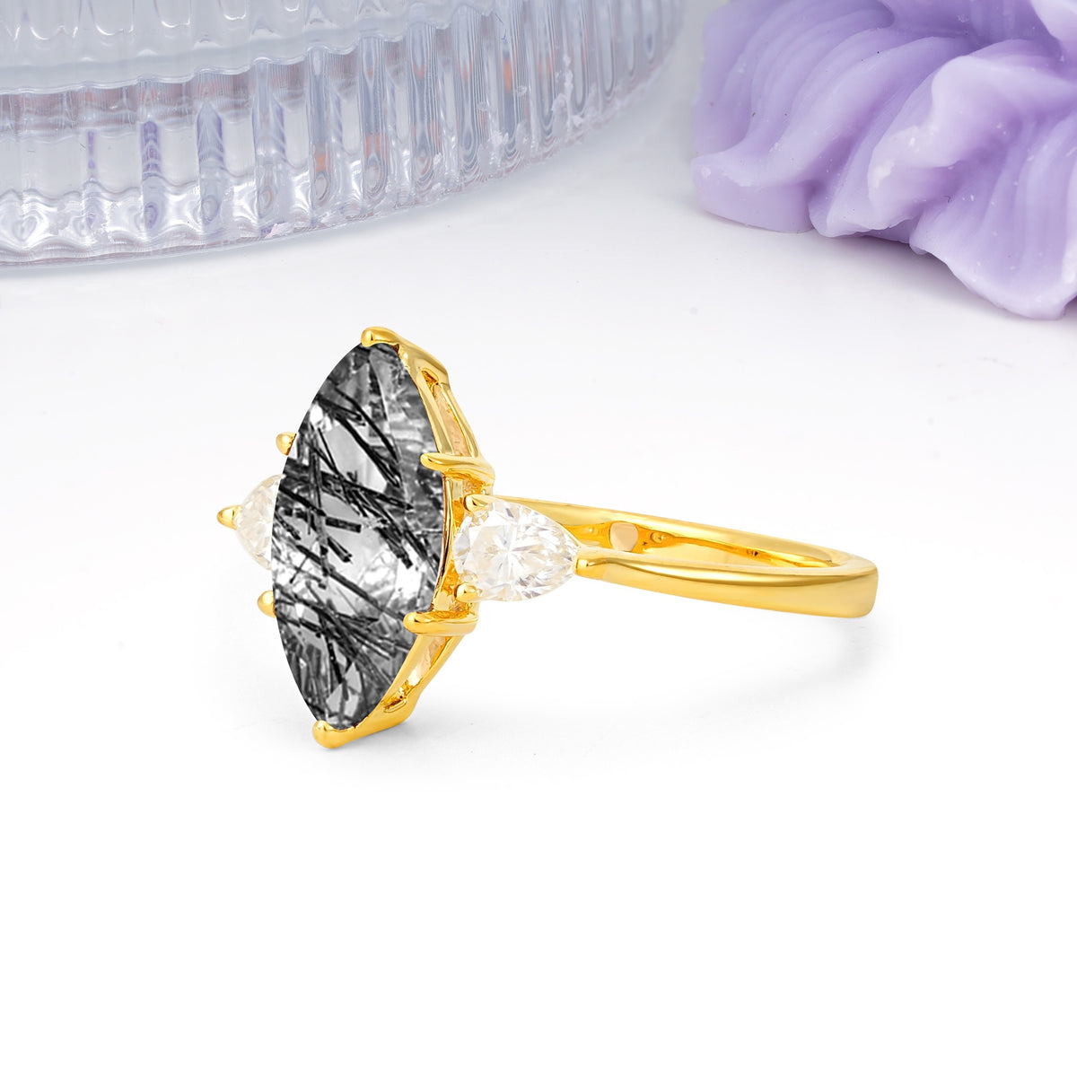Classic, Minimalist 6-Prong Marquise Cut Black Rutilated Quartz Engagement Ring - Additional view