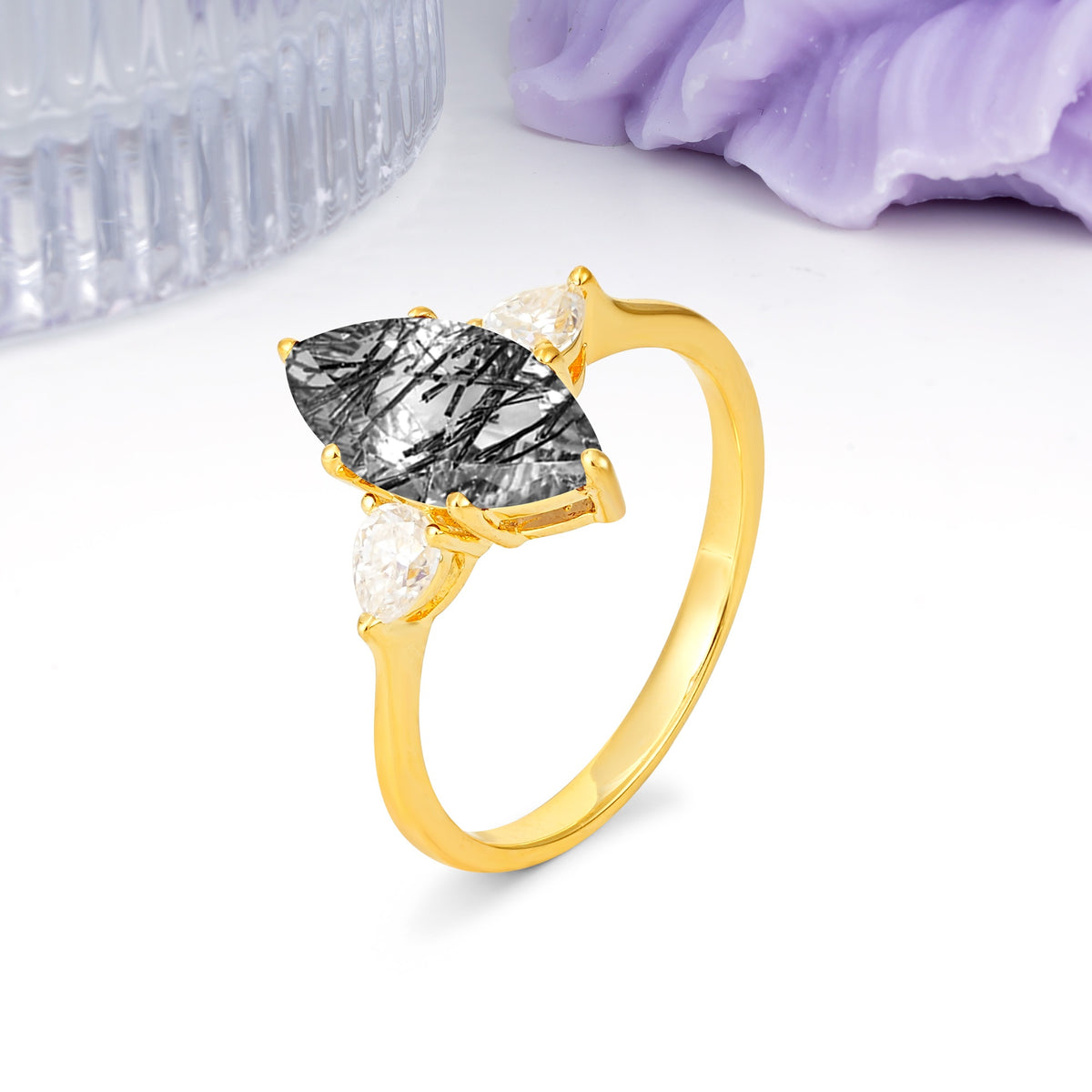 Classic, Minimalist 6-Prong Marquise Cut Black Rutilated Quartz Engagement Ring - Additional view