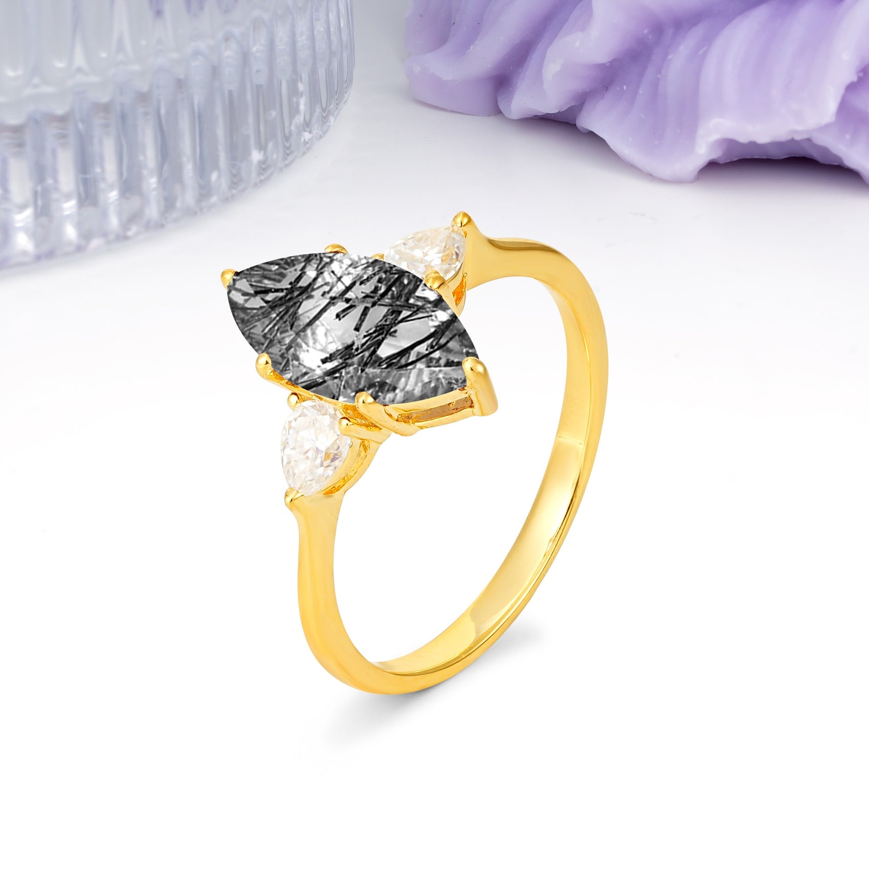 Classic, Minimalist 6-Prong Marquise Cut Black Rutilated Quartz Engagement Ring - Additional view