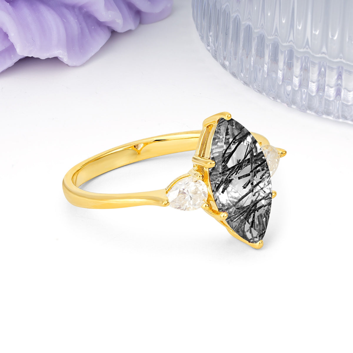 Classic, Minimalist 6-Prong Marquise Cut Black Rutilated Quartz Engagement Ring - Additional view