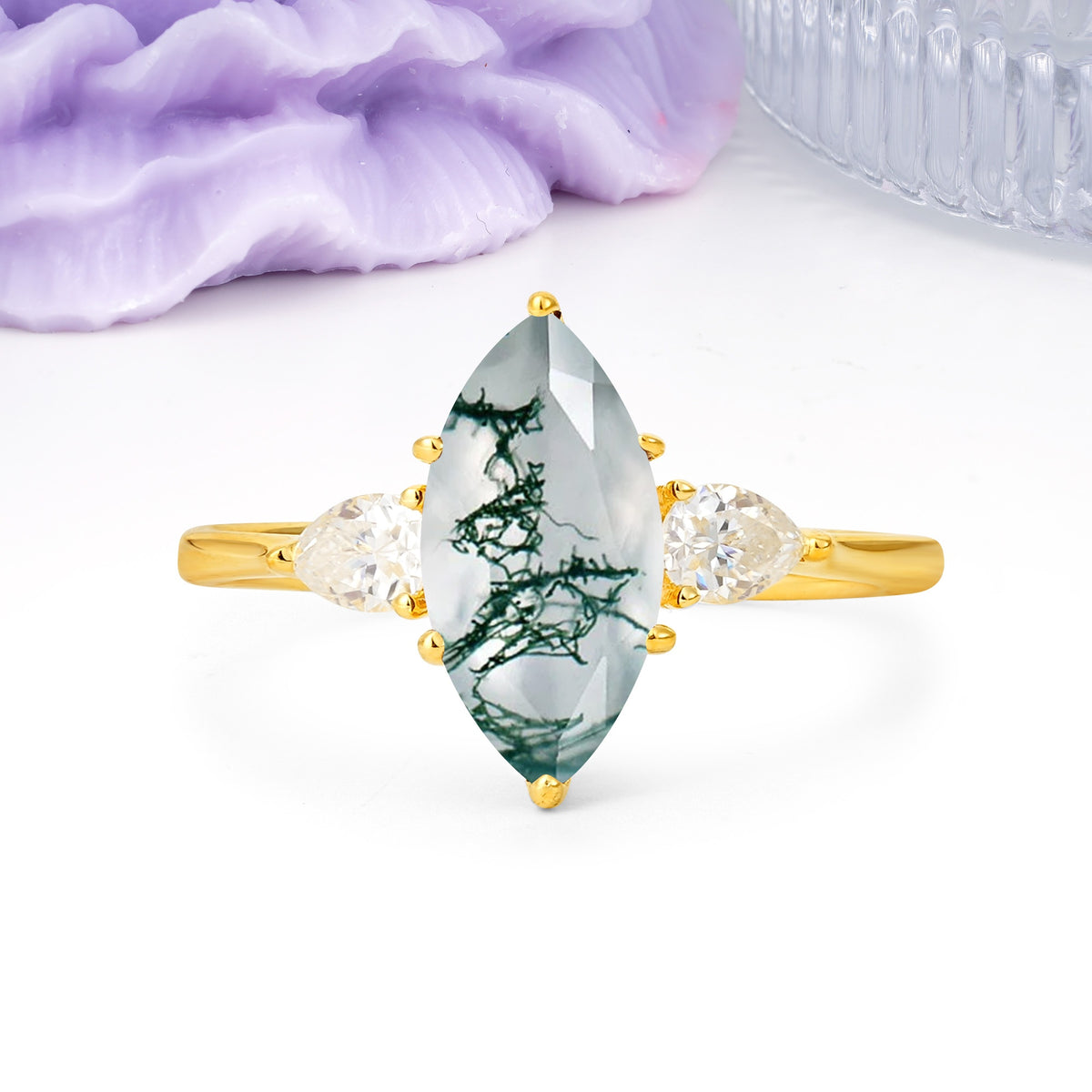 Classic, Minimalist 6-Prong Marquise Cut Moss Agate Engagement Ring - Additional view