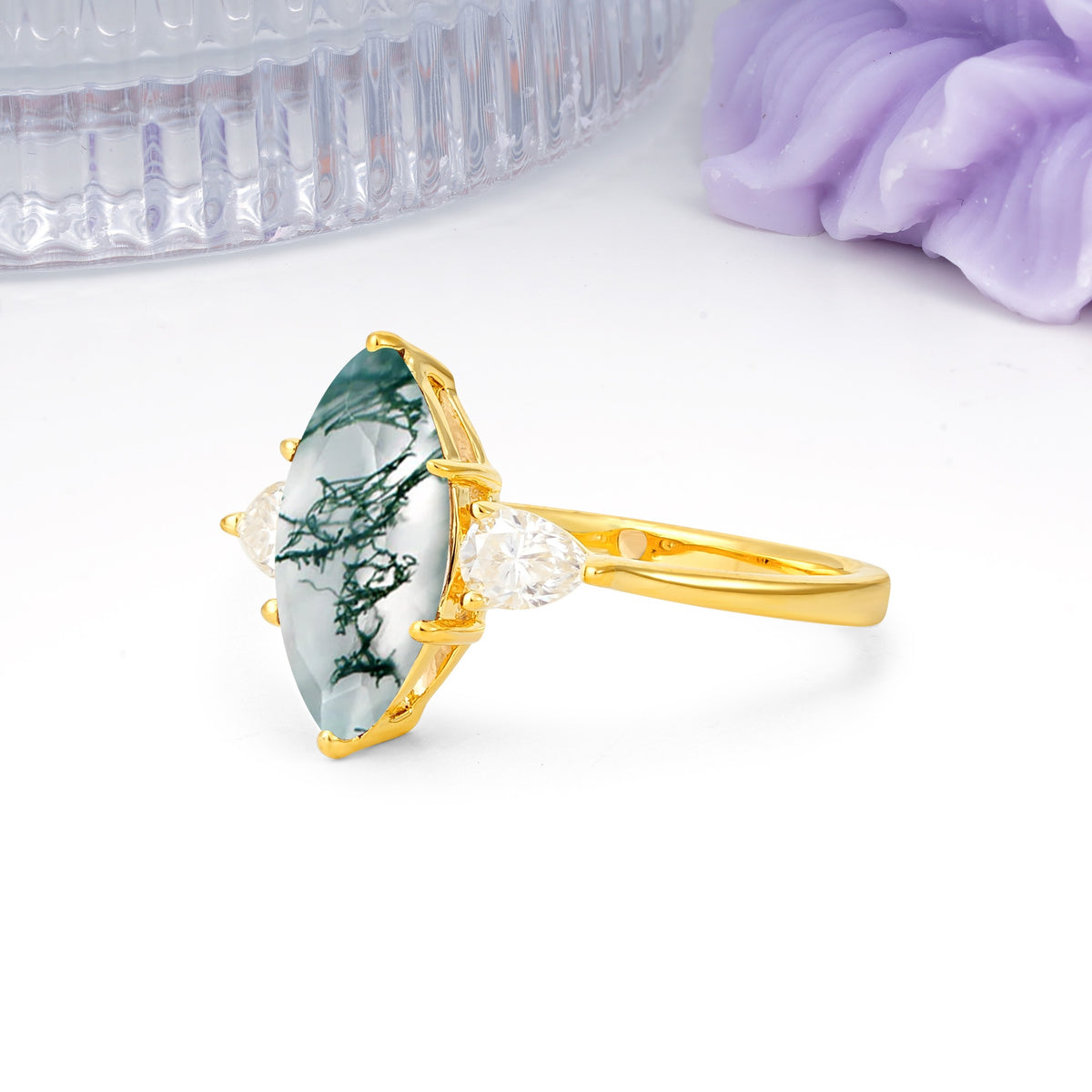 Classic, Minimalist 6-Prong Marquise Cut Moss Agate Engagement Ring - Additional view