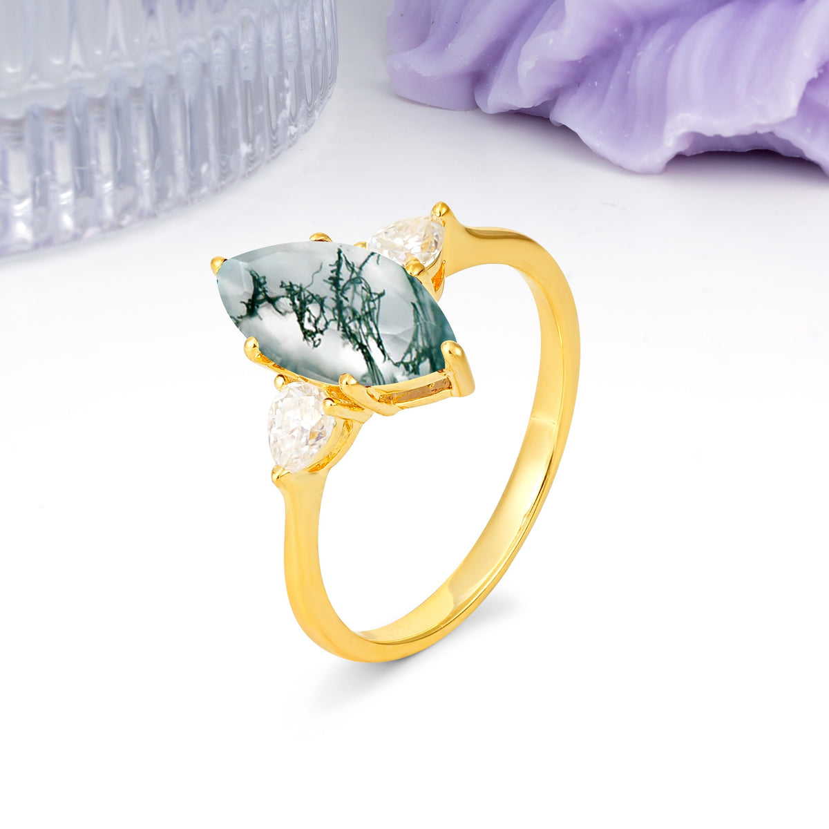 Classic, Minimalist 6-Prong Marquise Cut Moss Agate Engagement Ring - Additional view
