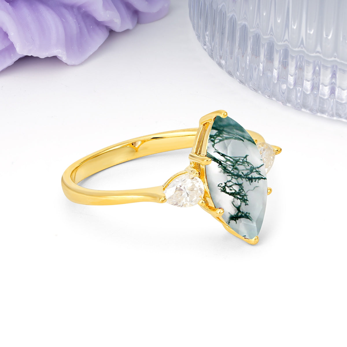 Classic, Minimalist 6-Prong Marquise Cut Moss Agate Engagement Ring - Additional view