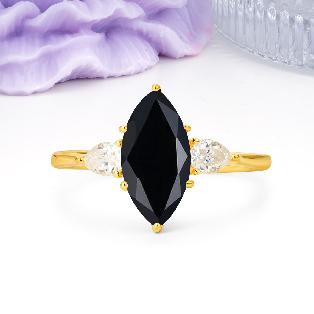 Classic, Minimalist 6-Prong Marquise Cut Black Onyx Engagement Ring - Additional view
