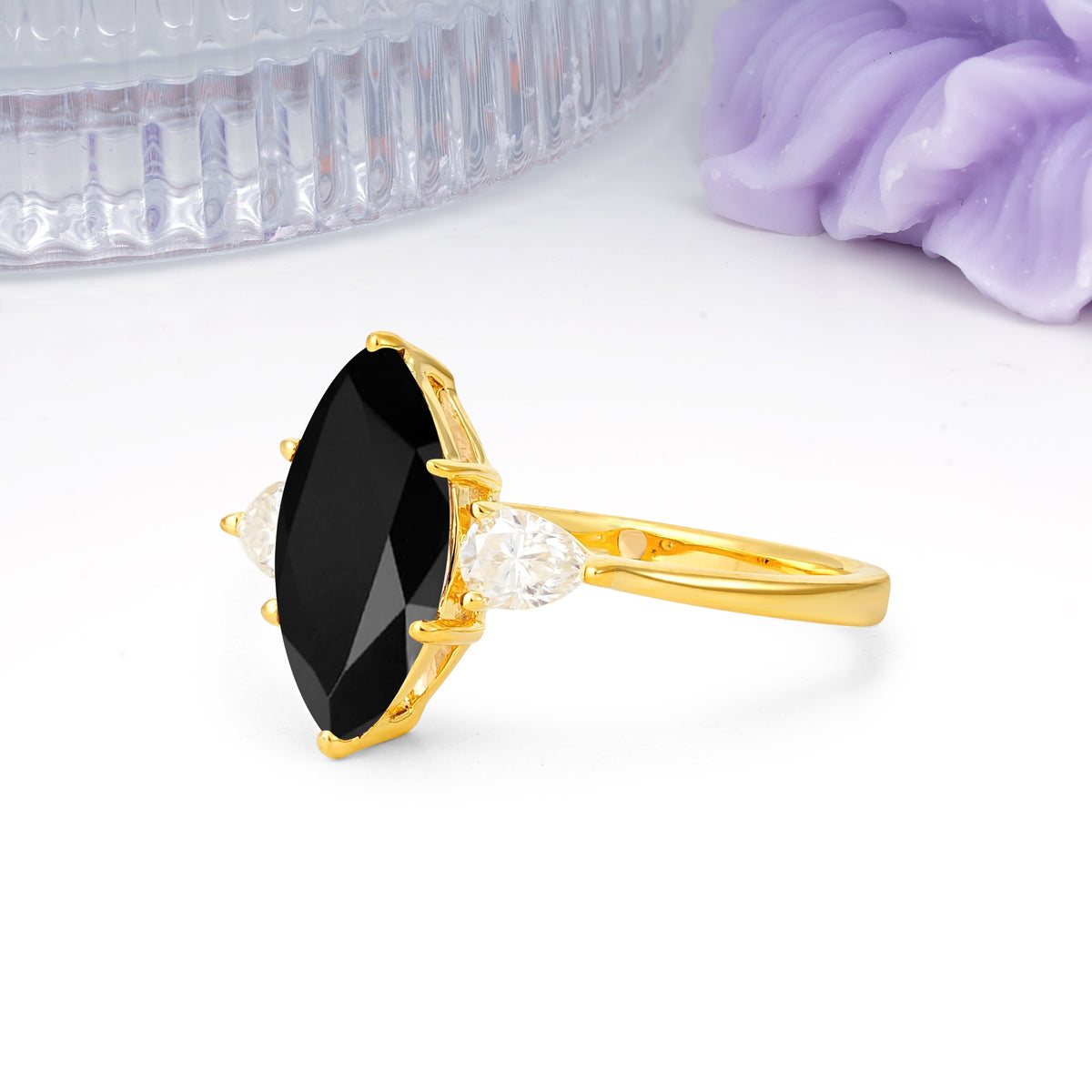 Classic, Minimalist 6-Prong Marquise Cut Black Onyx Engagement Ring - Additional view