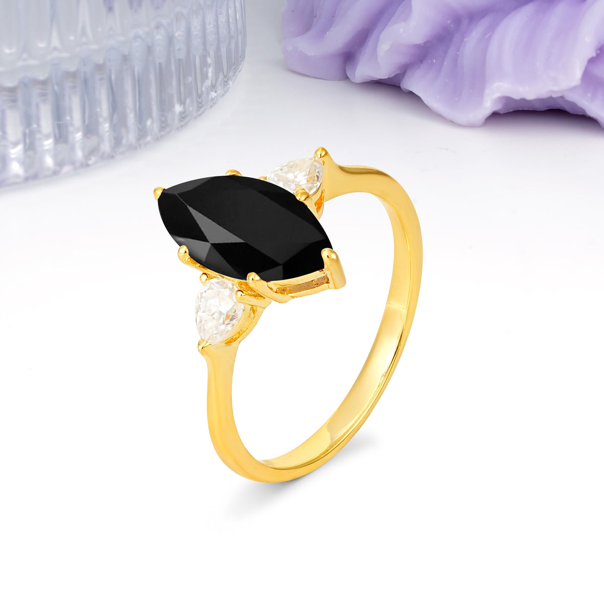 Classic, Minimalist 6-Prong Marquise Cut Black Onyx Engagement Ring - Additional view