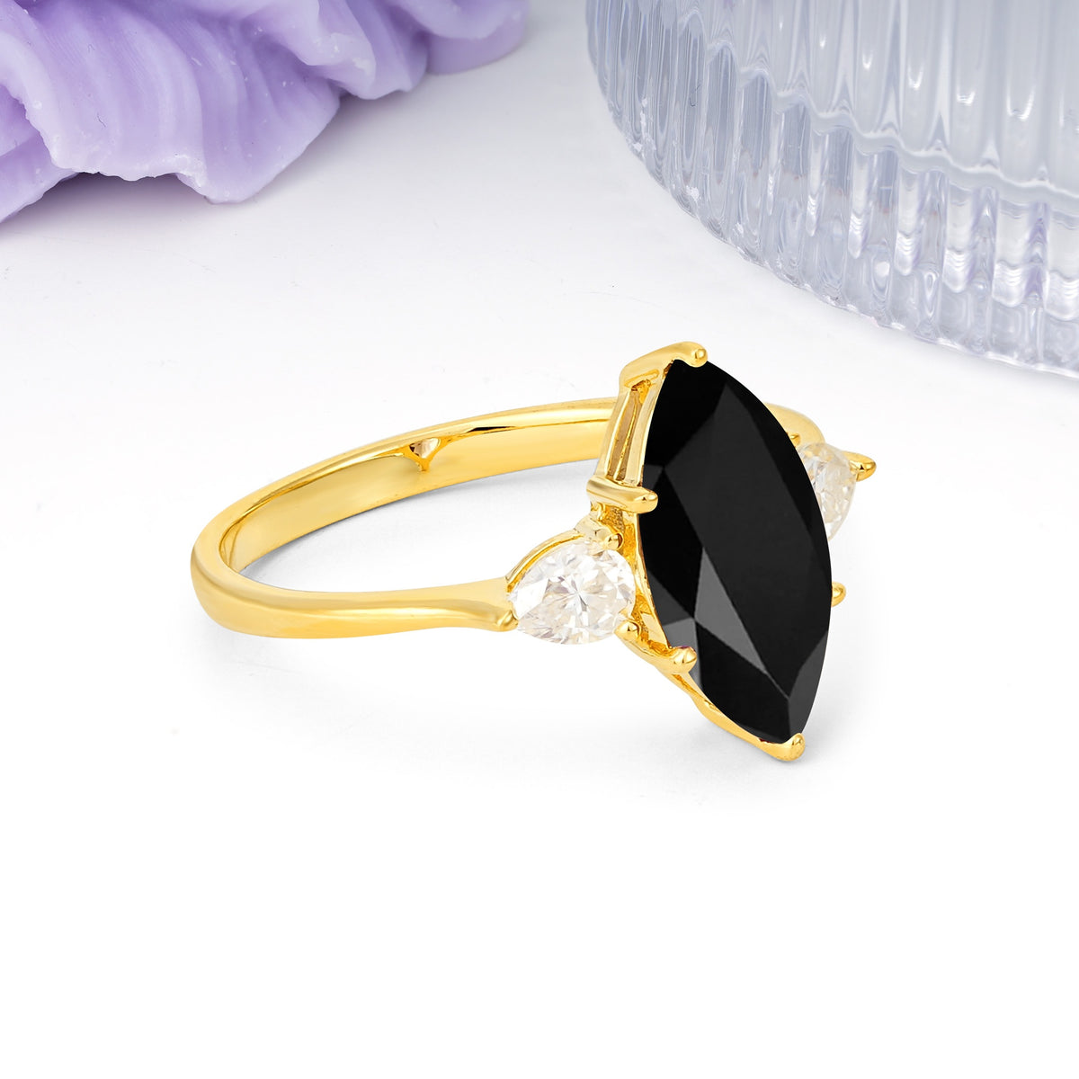Classic, Minimalist 6-Prong Marquise Cut Black Onyx Engagement Ring - Additional view
