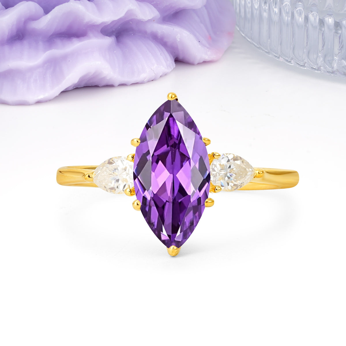 Classic, Minimalist 6-Prong Marquise Cut Amethyst Engagement Ring - Additional view
